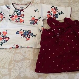 Carter's White Floral Long Sleeve Top with Burgundy Polka Dot Suspender Skirt